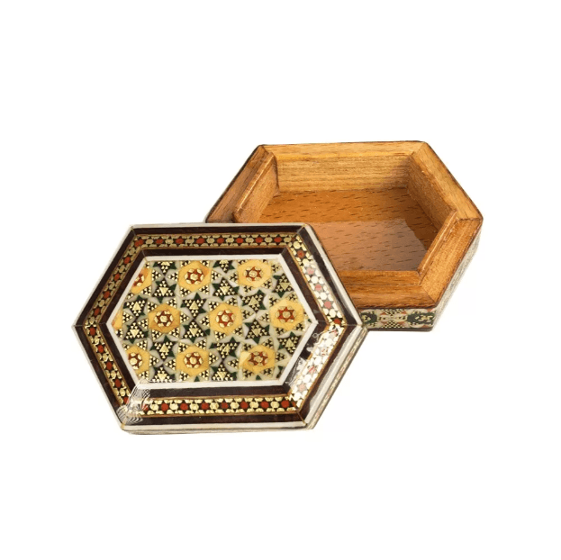 جعبه جاسکه ای خاتم‌کاری شش‌گوش نفیس (مدل مینیاتوری)