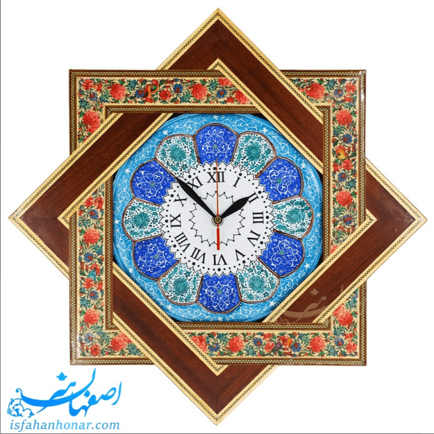 ساعت دیواری میناکاری و خاتم‌کاری طرح گل و مرغ (۴۵ سانتی‌متر)