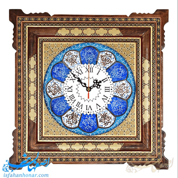 ساعت دیواری میناکاری با قاب خاتم‌کاری نفیس (۴۰×۴۰ سانتیمتر)