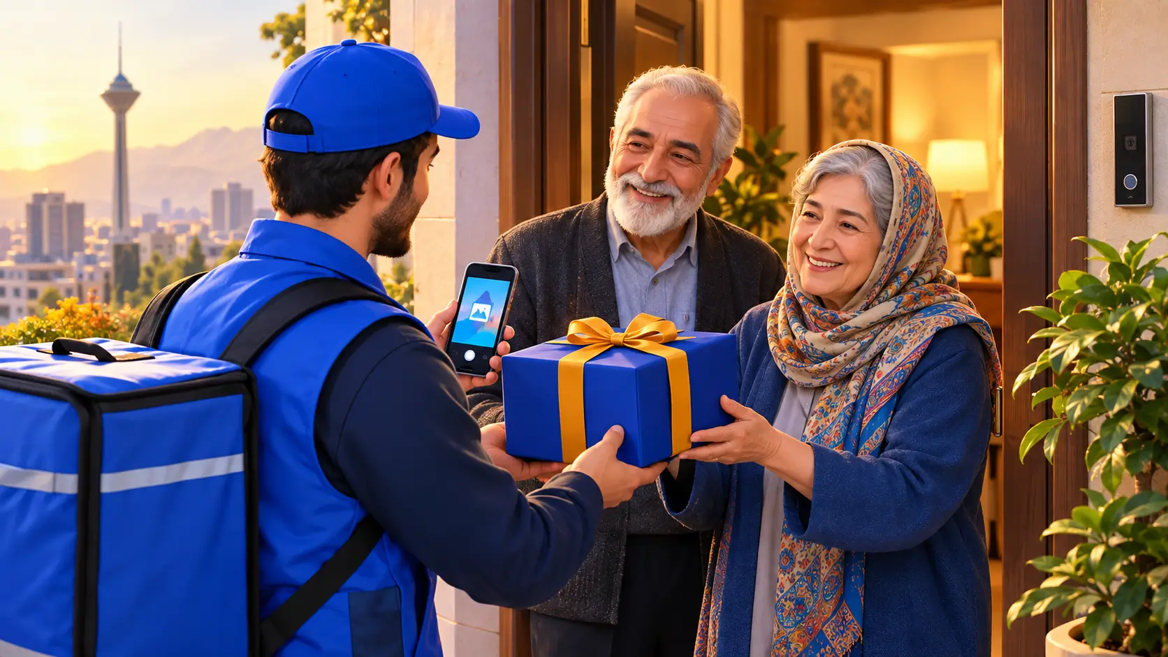 پیک سوغات شاپ در حال تحویل بستهی هدیه درب منزل یک خانواده در ایران