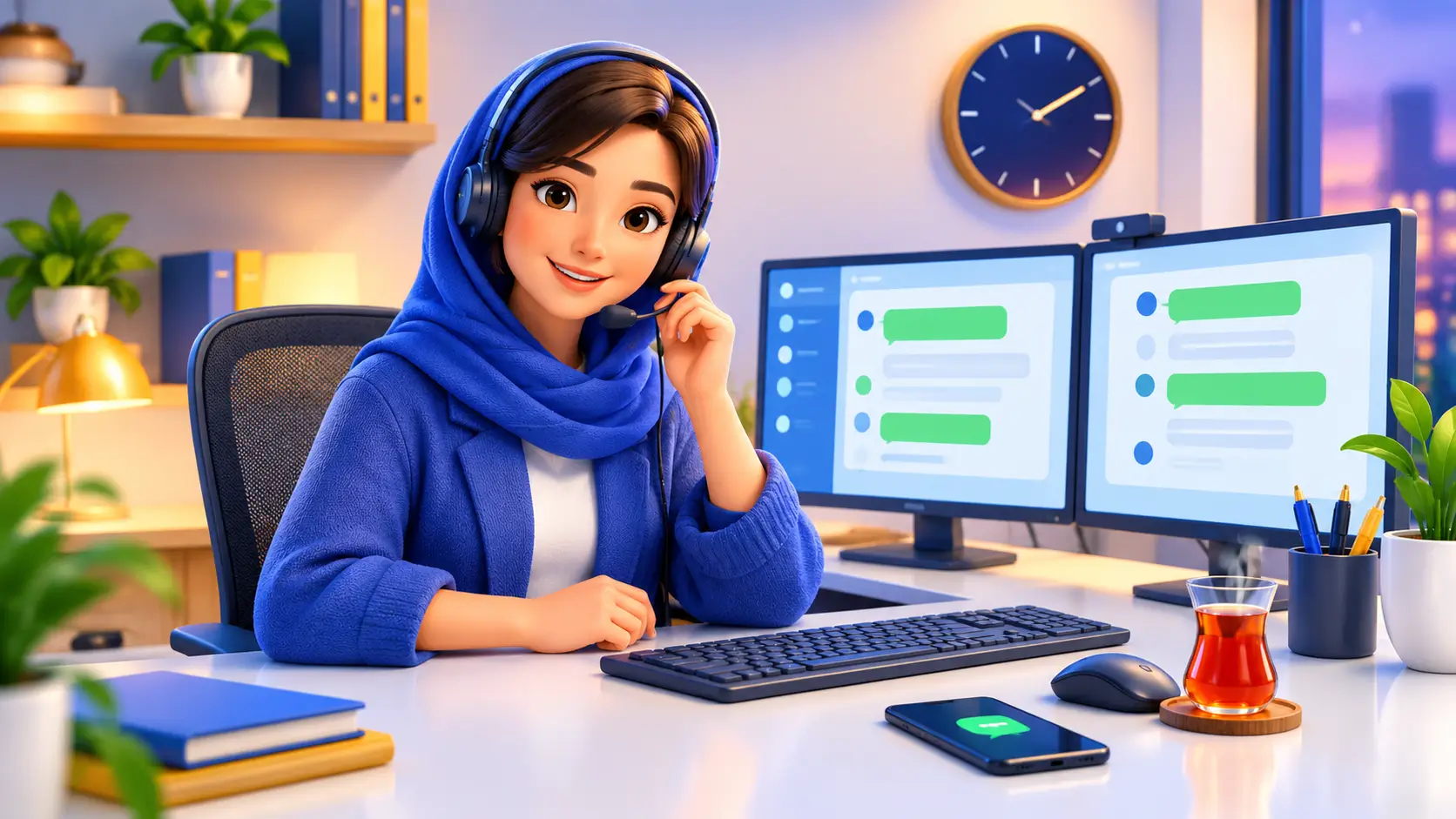 پشتیبان دوستانهی سوغات شاپ با هدست در حال پاسخ به پیامهای مشتریان در واتساپ